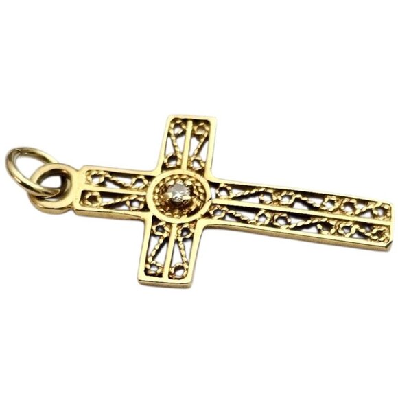 14K Yellow Gold Diamond Chip Filigree Cross Pendant - Picture 3 of 11